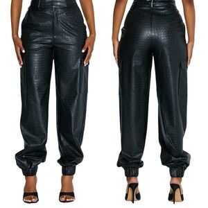 Naked Wardrobe Black Crocodile Faux Leather Cargo Joggers NEED ZIPPER REPAIR